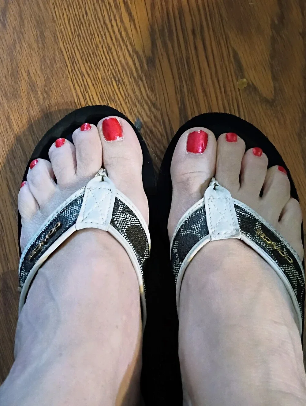 Coach Black Platform Thong Sandals with Patterned Straps